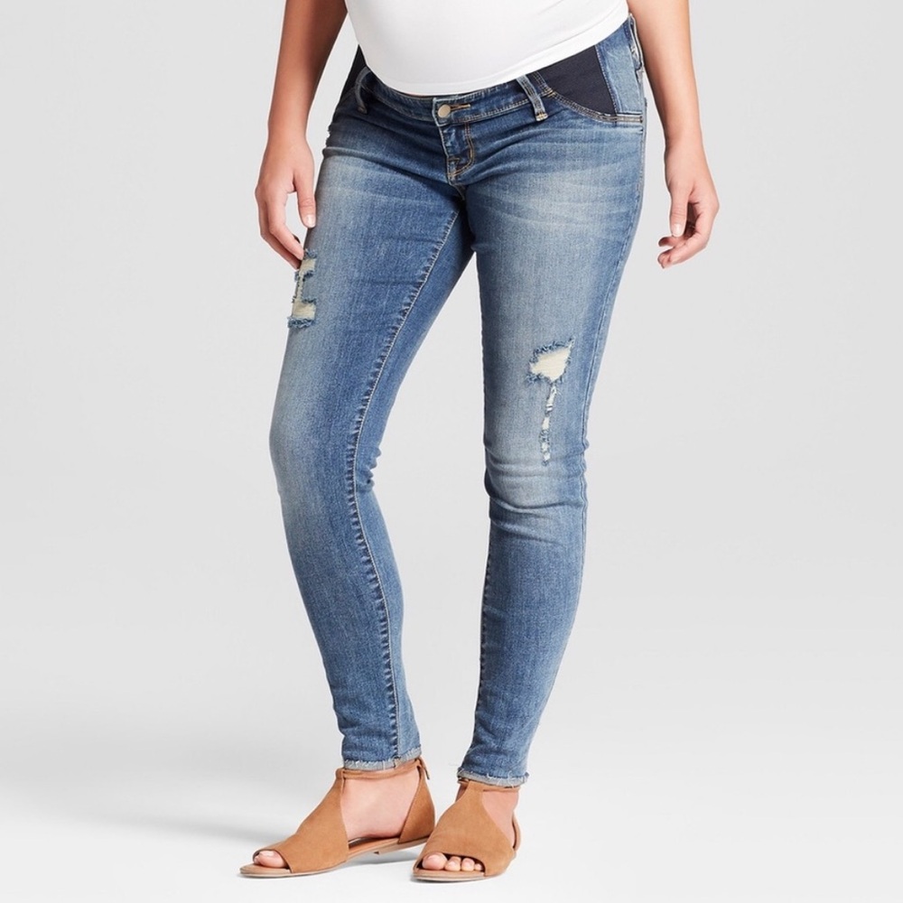 Isabel Maternity Distressed Skinny Jeans Raw Hem Under Belly Inset Side Panel